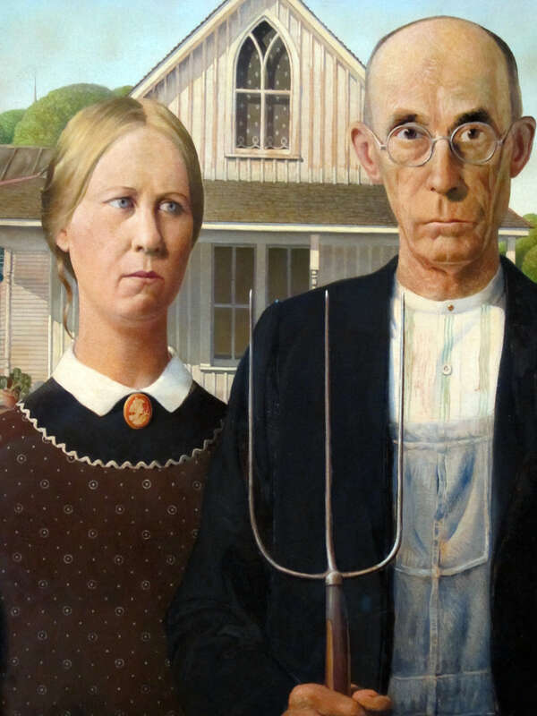 While the people in the painting are thought to be a farmer and his wife or daughter, the real-life models were Wood's sister, Nan Wood Graham and their dentist, Dr. Byron McKeeby.