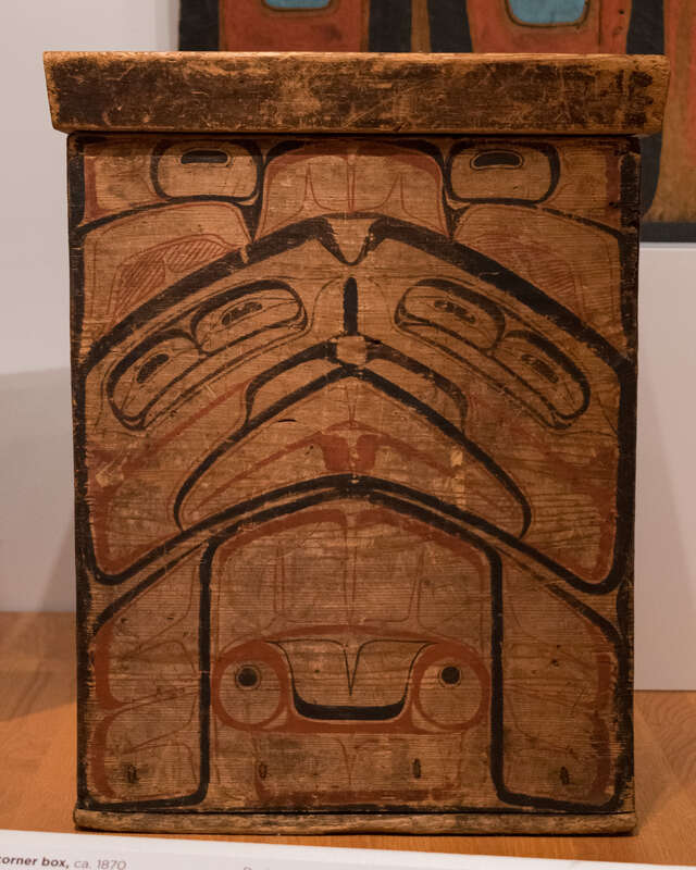 Bent-corner box, Haida, ca. 1875. Red cedar, paint. Gift of John H. Hauberg, 91.1.69.