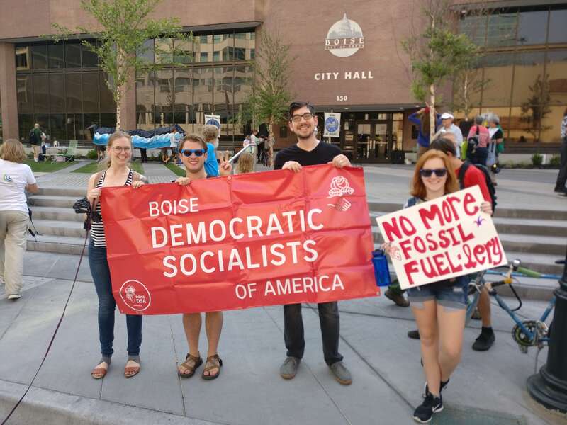The Boise chapter of the Democratic Socialists of America at the end of a Climate Change march at City Hall in August 2018.