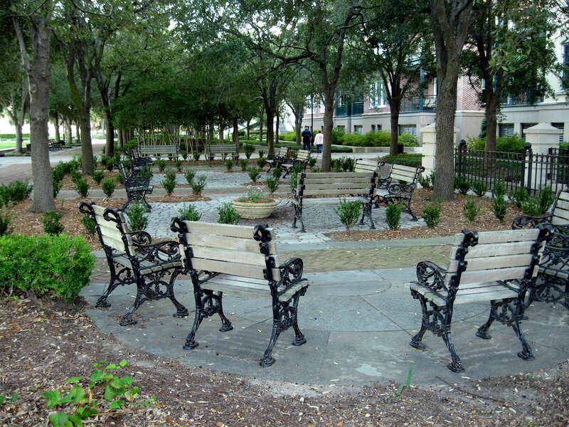 The shaded seating area in Charleston SC Waterfront Park.