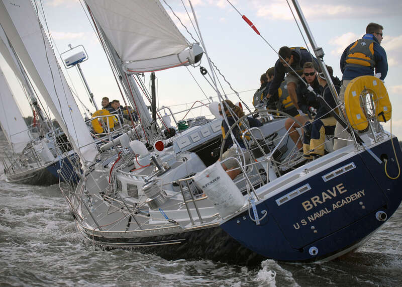 Members of the U.S. Naval Academy varsity and junior varsity offshore sailing teams practice in the Santee Basin near the academy campus for the Fall Keelboat Invitational Regatta and the McMillan Cup Intercollegiate Regatta. The races were held Oct.
