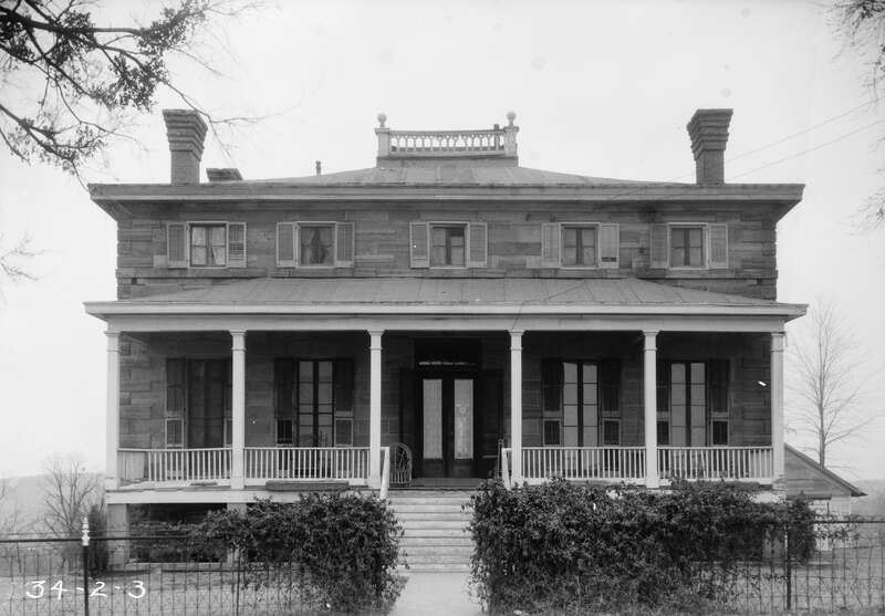 Front of the Commandant's Quarters at Fort Gibson in Fort Gibson, Oklahoma, United States.  Built in 1868, it is listed on the National Register of Historic Places.