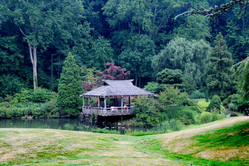 The pond and teahouse at Brookside Gardens, located in Wheaton Regional Park, Silver Spring, Maryland, USA.