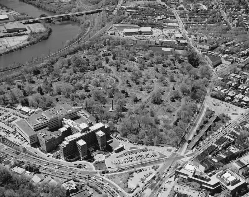 Aerial view of the Woodlands mansion and cemetery in Philadelphia, taken by HABS photographer Jack Boucher in 2003. The Woodlands has been a National Historic Landmark and on the NRHP since December 24, 1967. It is located at 40th Street and Woodland