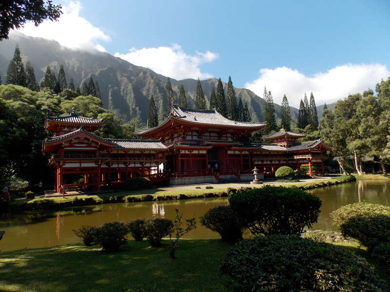 The Byodo-In Temple, a non-denominational Buddhist temple, located at the Valley of the Temples on Oahu,Hawaii.