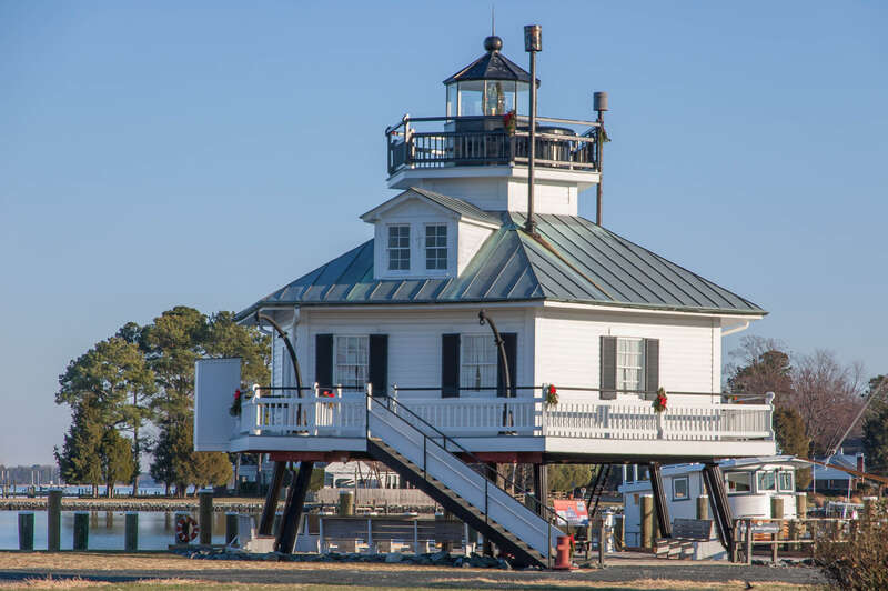 A screw-pile lighthouse built that has been moved to its current location at the Chesapeake Bay Maritime Museum, St Michaels, MD. It was first built in 1867, torn loose by ice and lost, rebuilt in 1879