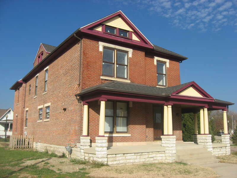 Front and western side of the house located at 801 W. Fifth Street in Dayton, Ohio, United States.