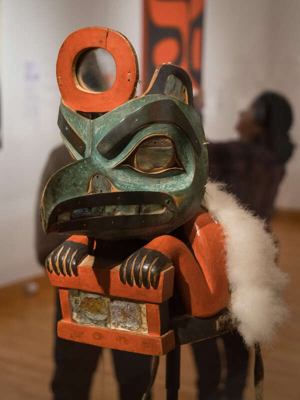 Lkaayaak yeil s'aaxw (box of daylight raven hat).
Gaanax'adi clan, Taku, Tlingit, ca. 1850. Maple, mirror, abalone shell, bird skin, paint, sea lion whiskers, copper, leather, flicker feathers. Gift of John H. Hauberg, 91.1.124.