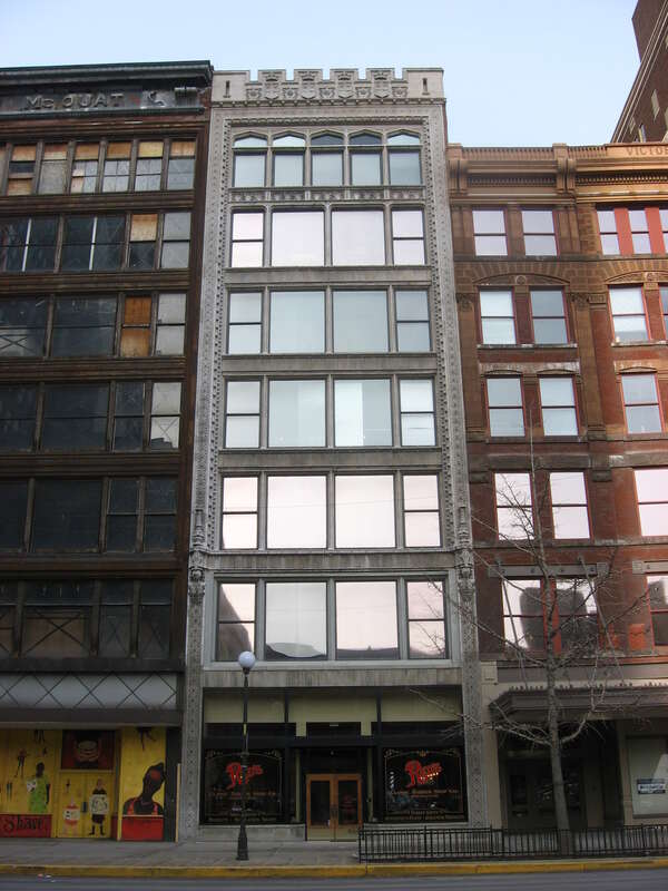 Front of the former Marott's Shoes Building (now a barbershop), located at 18-20 E. Washington Street in downtown Indianapolis, Indiana, United States.  Built in 1899, it is listed on the National Register of Historic Places, and it is a part of the