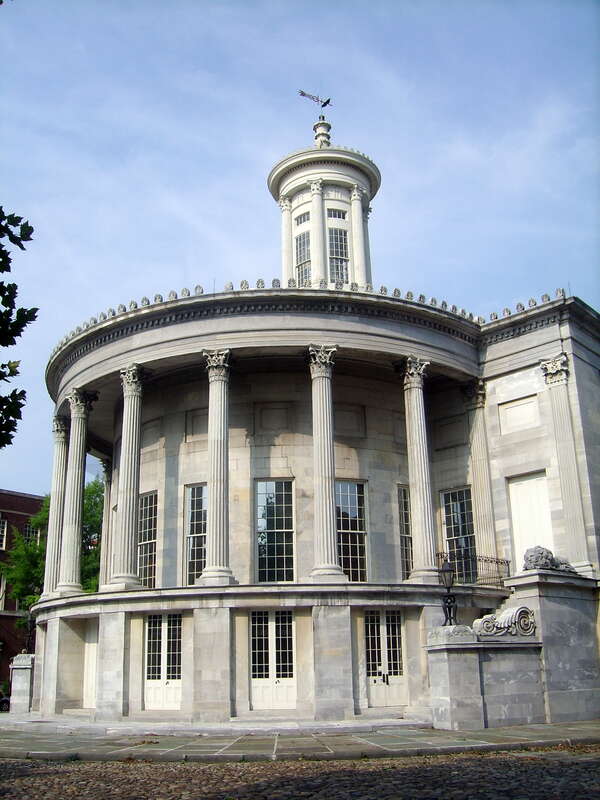 Merchants Exchange,  South Third Street. Built 1832-4 and designed by architect William Strickland, operated as a brokerage house in the nineteenth century
