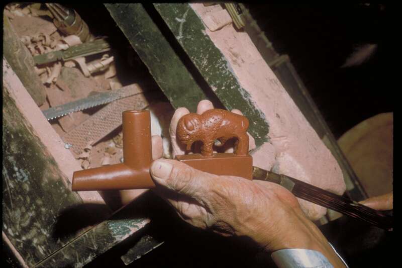 Details of pipe.
Stone pipes were long known among the prehistoric peoples of North America; specimens from 2,000 years ago have been found at Mound City in present-day Ohio. Digging at this Minnesota quarry likely began in the 17th century, a time