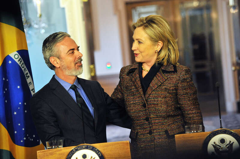 U.S. Secretary of State Hillary Rodham Clinton speaks with Brazilian Foreign Minister Antonio Patriota at the U.S. Department of State in Washington, D.C., on February 23, 2011. [State Department photo/ Public Domain]