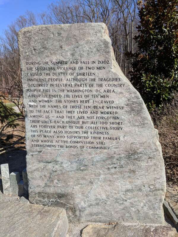 Sniper Memorial at the Brookside Gardens in Wheaton, Montgomery County, Maryland.