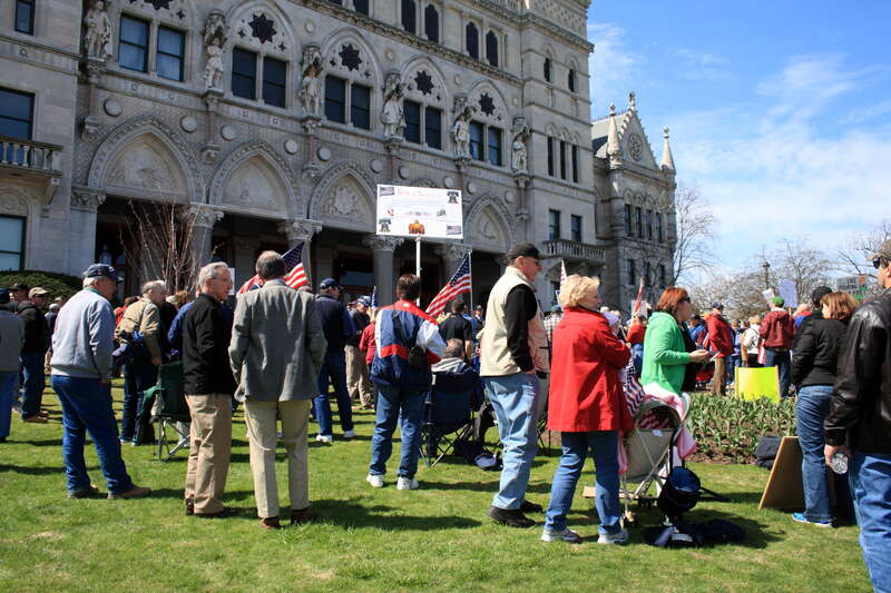 Tea Party protest at the Connecticut State Capitol in Hartford, Connecticut.  The protest was scheduled for noon until 2pm local time; the timestamp of the photo is Coordinated Universal Time (UTC).  Organizers reported that the police estimate of