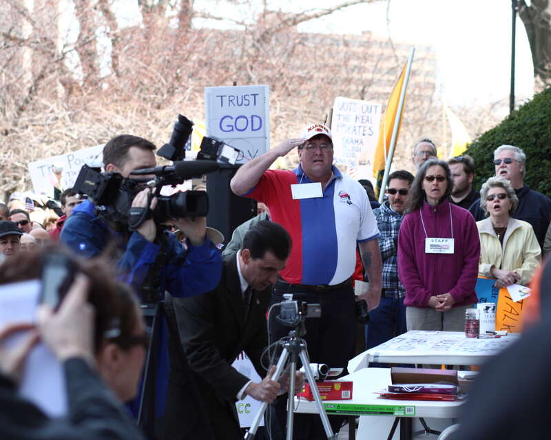 Tea Party protest at the Connecticut State Capitol in Hartford, Connecticut.  The protest was scheduled for noon until 2pm local time; the timestamp of the photo is Coordinated Universal Time (UTC).  Organizers reported that the police estimate of
