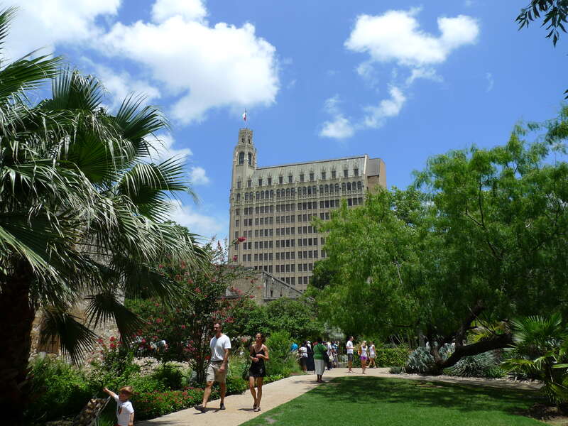 The Alamo with the Emily Morgan Hotel in the background