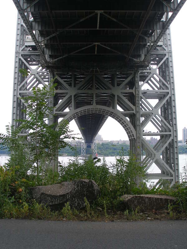 The George Washington Bridge viewed from the west in The Pallisades Interstate Park,  New Jersey.  August 2008