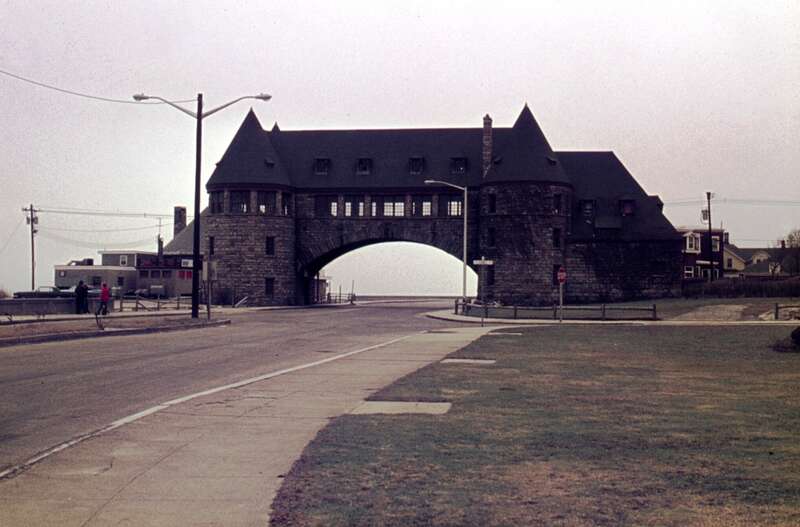 The Towers in Narragansett on a gray day.