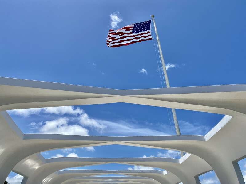 Completed in 1962, this Modern memorial structure was designed by Austrian-born architect Alfred Preis to memorialize those who died in the December 7, 1941 attack on Pearl Harbor, sitting above the remains of the USS Arizona, where 1,102 of the