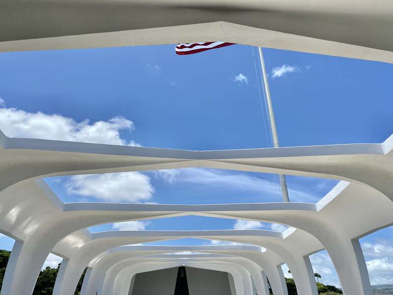 Completed in 1962, this Modern memorial structure was designed by Austrian-born architect Alfred Preis to memorialize those who died in the December 7, 1941 attack on Pearl Harbor, sitting above the remains of the USS Arizona, where 1,102 of the
