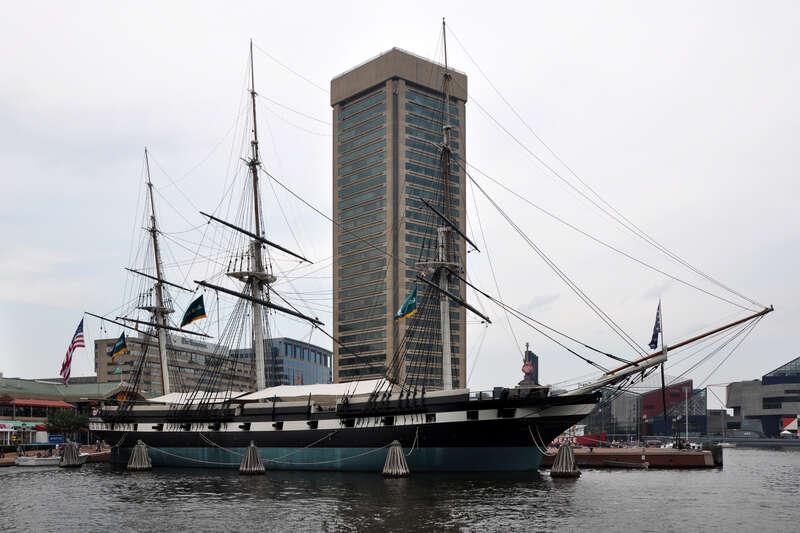 USS Constellation (1854) docked at the Inner Harbor as a museum ship in Baltimore, USA.