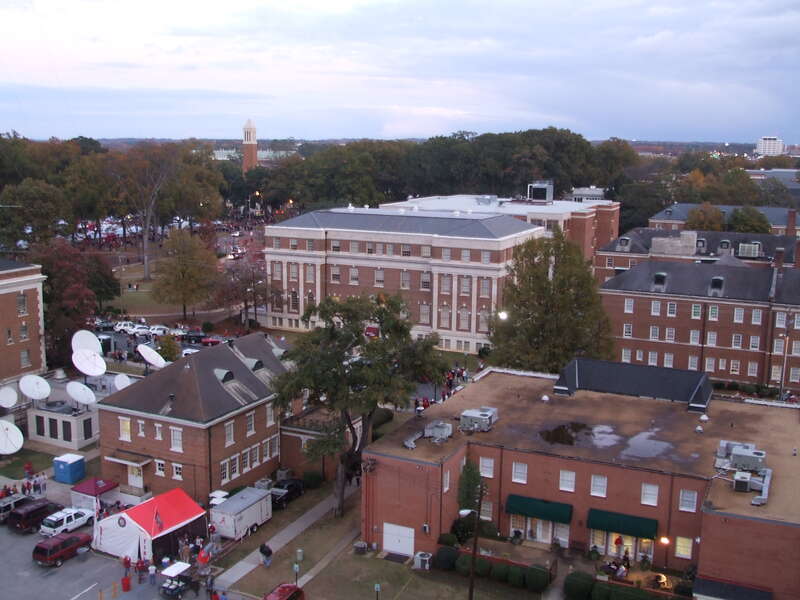 View of a portion of the University of Alabama campus in Tuscaloosa, Alabama, United States.  Taken from the the north end zone of Bryant-Denny Stadium. In the foreground are Reese Phifer Hall (far left), Temple Tutwiler Hall (left), and Alpha