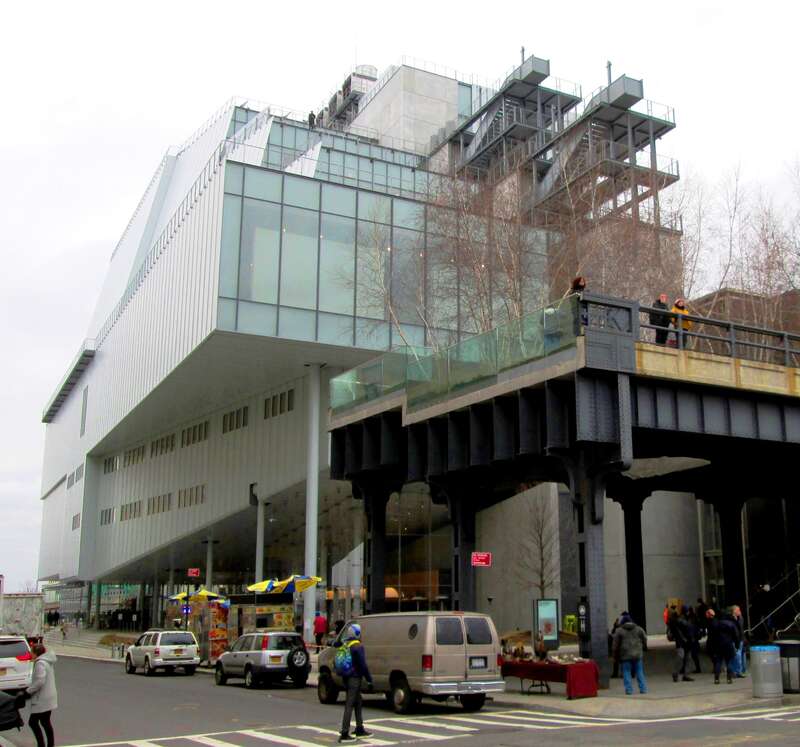 The Whitney Museum of American Art's building at 99 Gansevoort Street between Washington Street and 10th Avenue in the Meatpacking District of Manhattan, New York City, at the end of the High Line, was built in 2011-15 and was designed by Renzo