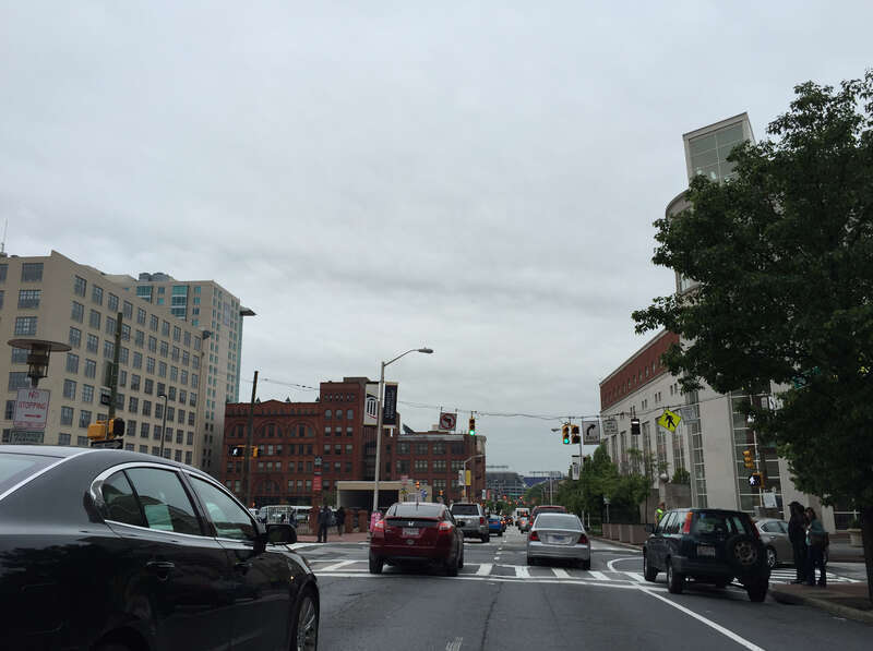 View south along Greene Street (Maryland State Route 295) at Lombard Street in downtown Baltimore City, Maryland