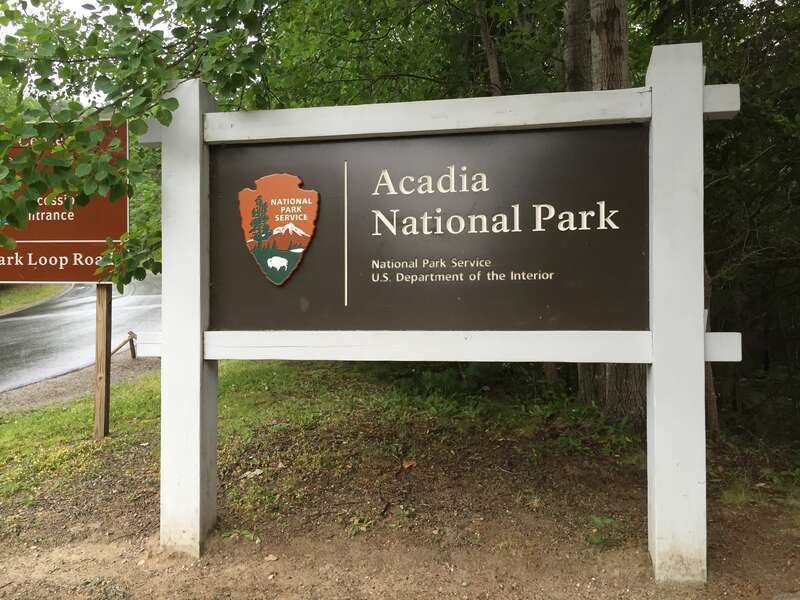 Sign at the Paradise Hill Road/Hull Cove entrance to Acadia National Park in Bar Harbor, Hancock County, Maine