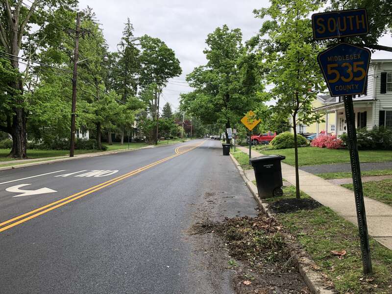 View south along Middlesex County Route 535 (Main Street) at Liedtke Road in Cranbury Township, Middlesex County, New Jersey