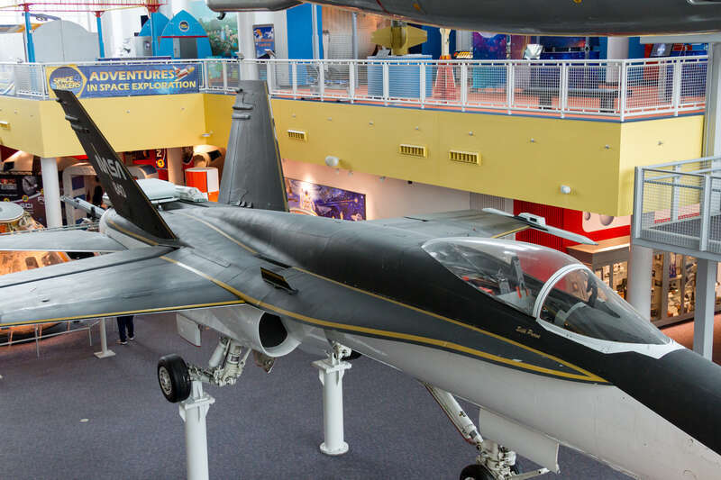 The F/A-18 High Alpha Research Vehicle (HARV) on display at the Virginia Air and Space Center in Hampton, Virginia.