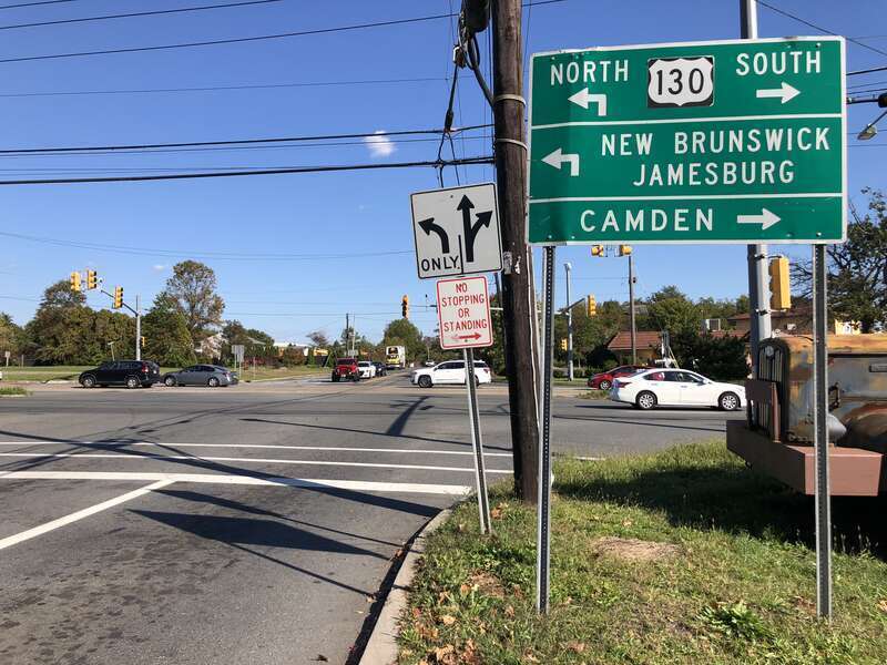View north along Middlesex County Route 535 (Half Acre Road) at U.S. Route 130 in Cranbury Township, Middlesex County, New Jersey