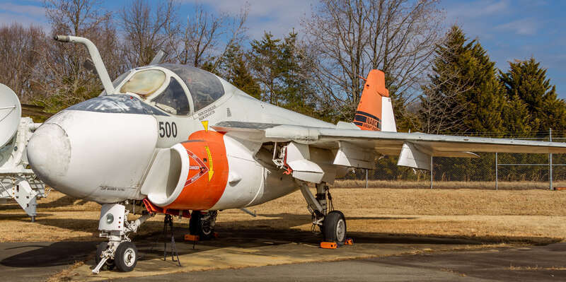 A Grumman A-6E Intruder on display at the Patuxent River Naval Air Station Museum. This aircraft, Bureau Number 156997, was original an A-6A that first flew in December 1969. It was converted to an A-6E and flew in the VX-5 operational test squadron.