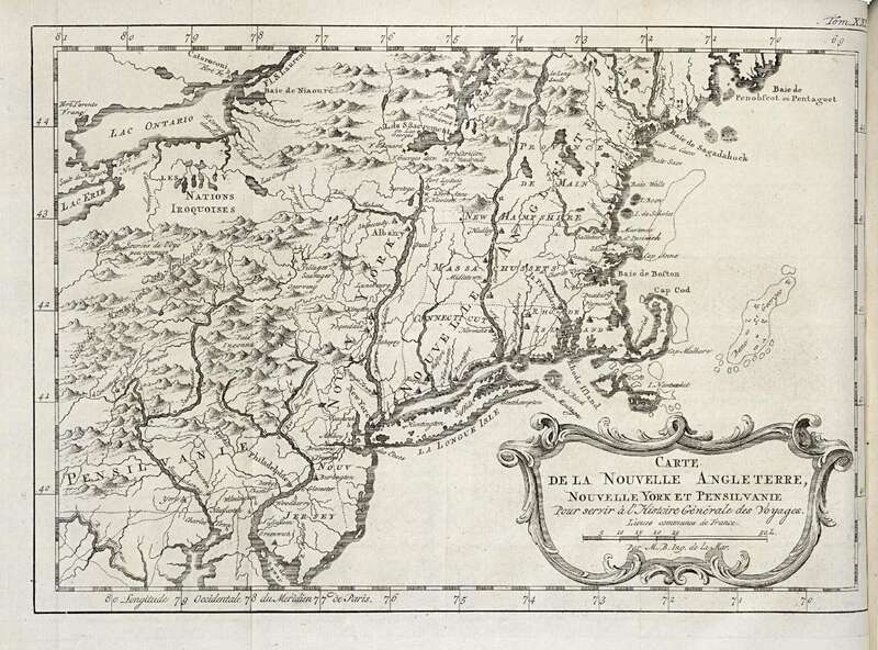 Map of New England, New York and Pennsylvania. 
Carte de la Nouvelle Angleterre, Nouvelle York et Pensilvanie / Pour servir à l'Histoire Générale des Voyages.

Top right: Tom. XXI.