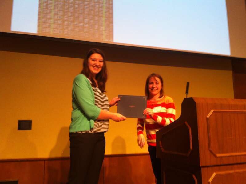 Receiving her Library Research-in-Progress Award at the Undergraduate Symposium, April 18, 2013.