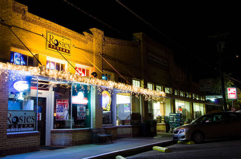 Night time view of Rosie's Bar and Jr grocery store, Abita Springs Historic District, Louisiana