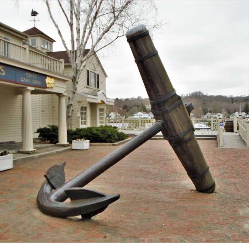 A large anchor on display outside the Mystic Seaport Museum Bookstore, in Mystic, Connecticut.