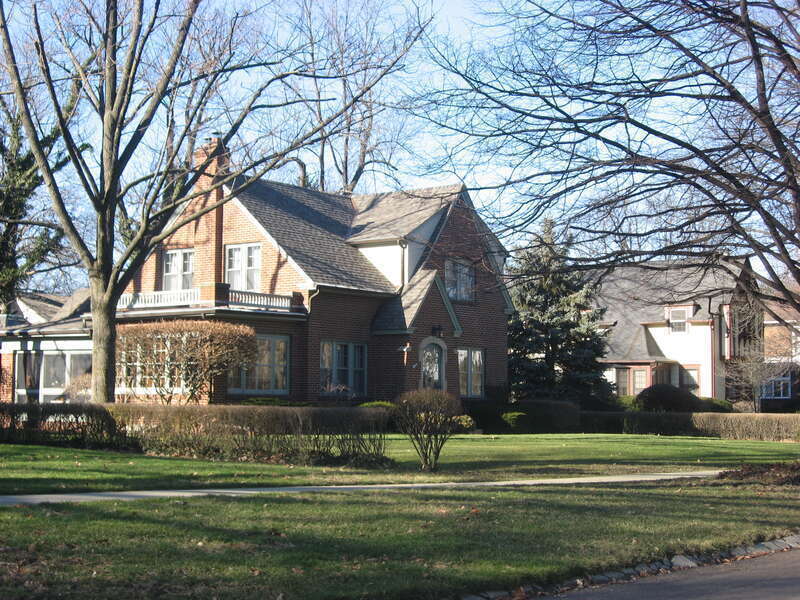 Houses on the western side of Meadow Lane immediately south of the Berwyn Road intersection in Muncie, Indiana, United States.  They are a part of the Westwood Historic District, a historic district that is listed on the National Register of Historic