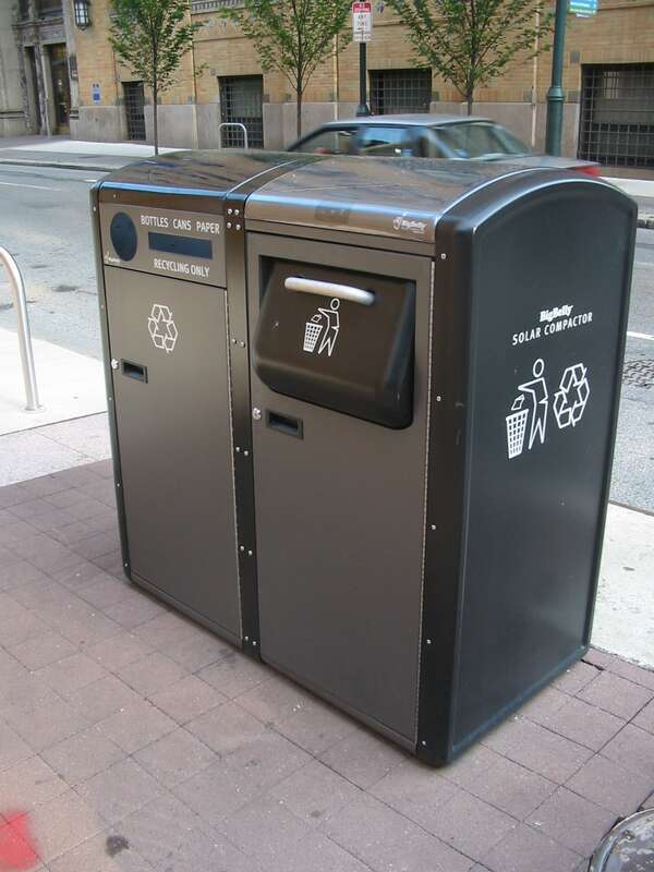 BigBelly solar trash compactor and recycle bin in Center City Philadelphia, PA on the southwest corner of 10th and Walnut Streets.
