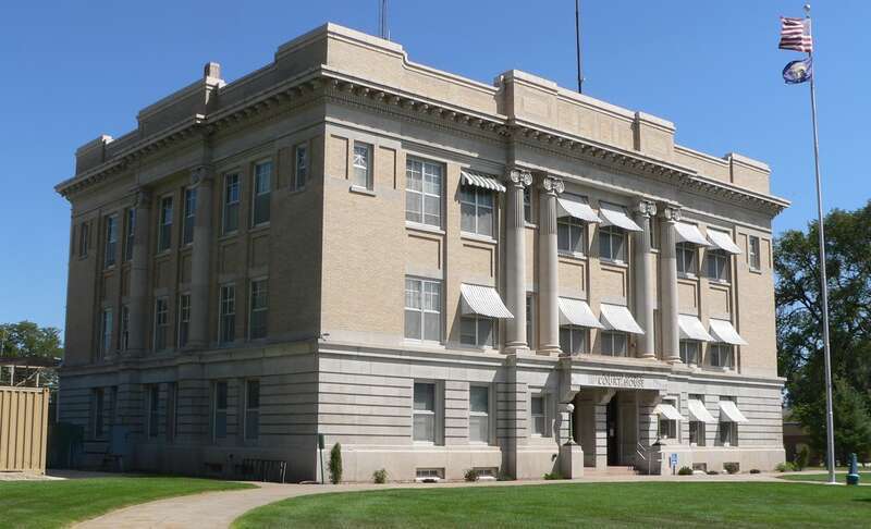 Box Butte County Courthouse on east side of Box Butte Avenue between 5th and 6th Streets in Alliance, Nebraska; seen from the northwest.  The cornerstone of the Beaux-Arts building was laid in 1913.  The courthouse is listed in the National Register