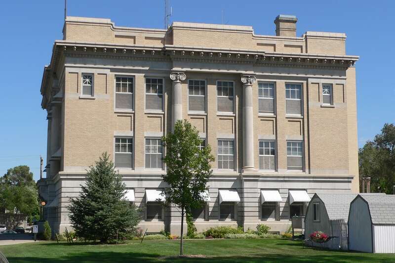 Box Butte County Courthouse on east side of Box Butte Avenue between 5th and 6th Streets in Alliance, Nebraska; seen from the south.  The cornerstone of the Beaux-Arts building was laid in 1913.  The courthouse is listed in the National Register of