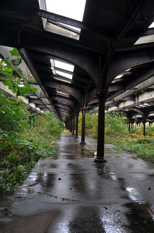 The abandoned railroad platforms of the Central Railroad Terminal of New Jersey are slowly being taken over by vegetation.  The terminal is on the National Register of Historic Places.