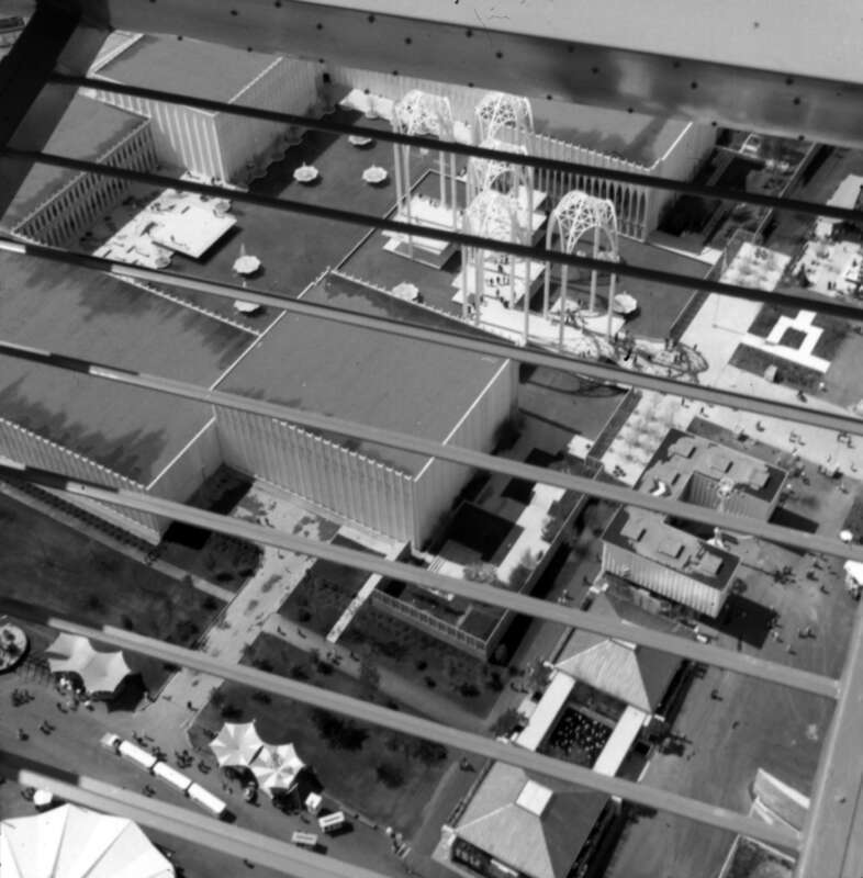 Century 21 Exposition Science Pavilion (later Pacific Science Center) from Space Needle, Seattle, Washington, U.S., 1962.
