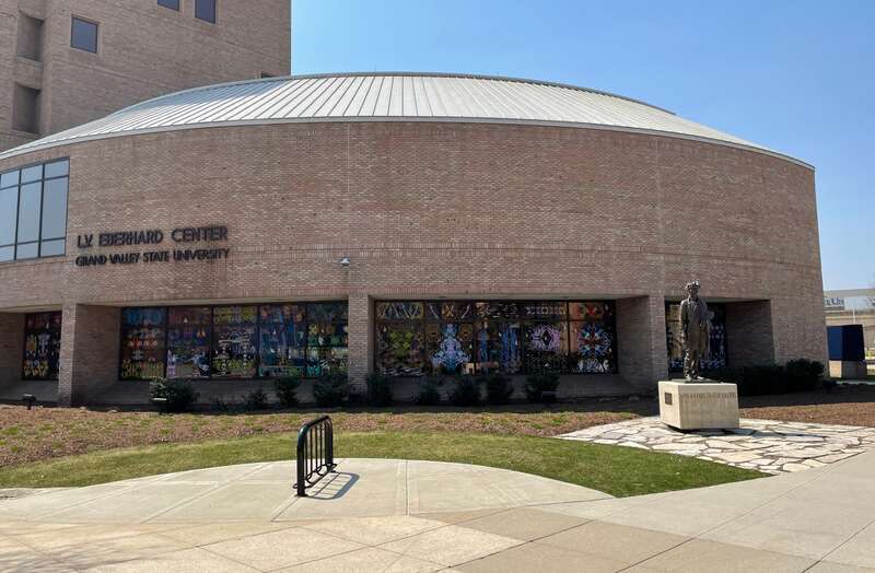 Statue of Chief Noahquageshik in front of the Eberhard Center in Grand Rapids, Michigan