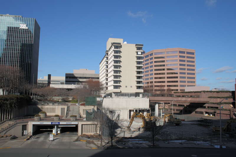 The former Clarion Hotel building and its surroundings in Hartford, Connecticut, with the recently-demolished Broadcast House site in the foreground
