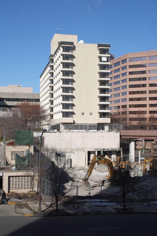 The former Clarion Hotel building in Hartford, Connecticut, with the recently-demolished Broadcast House site in the foreground
