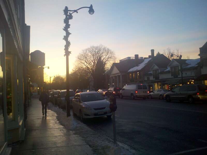 Main street Concord MA at sunset.