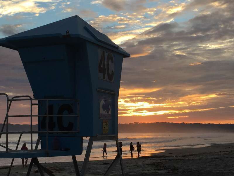 Lifeguard station on Coronado Beach on Coronado Island in California at sunset
