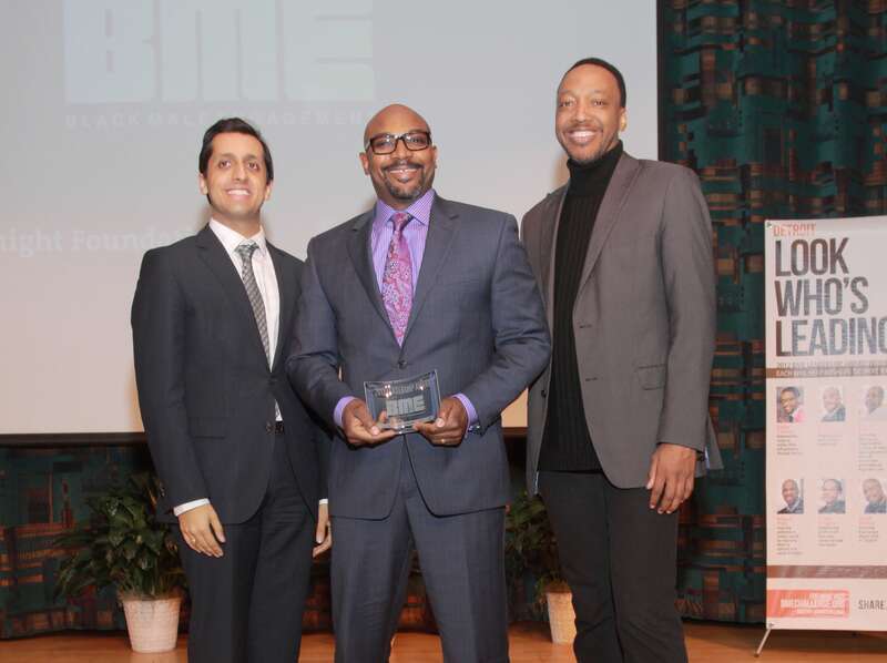 (l,r) Knight Foundation's Rishi Jaitly, BME award winner Fran Westbrooks, Knight's Trabian Shorters
