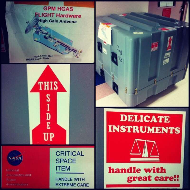 Just walked by this recent delivery while arriving to the office today.  It appears to be flight hardware, a high gain antenna for a new satellite that is being built at NASA Goddard, GPM.  Let’s hope it was handled with care.
Credit: NASA/Rebecca